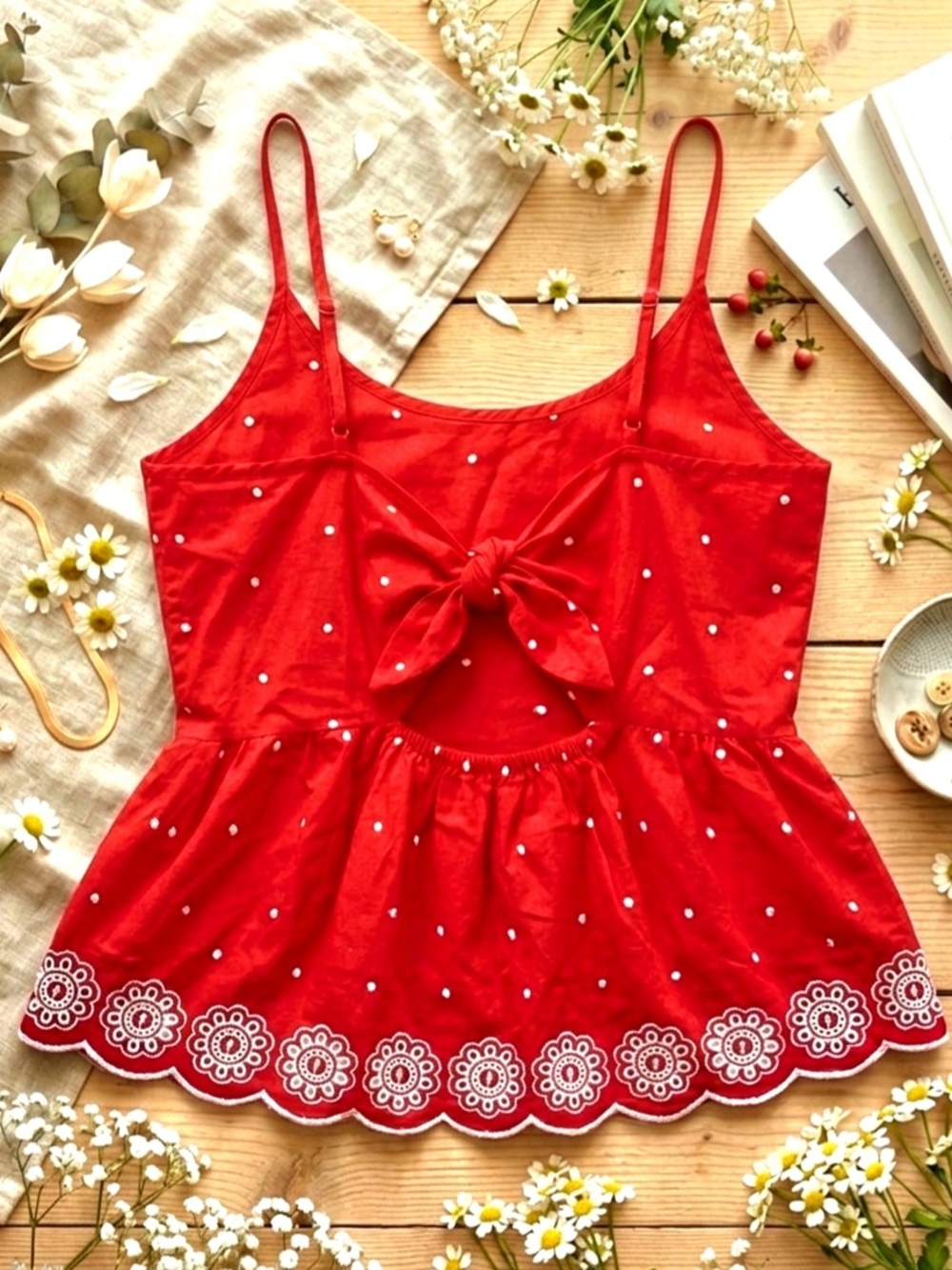Red Polka Dot Peplum Cami Top with Elegant Embroidered Scalloped Eyelet Hemline - Picture 2 of 5